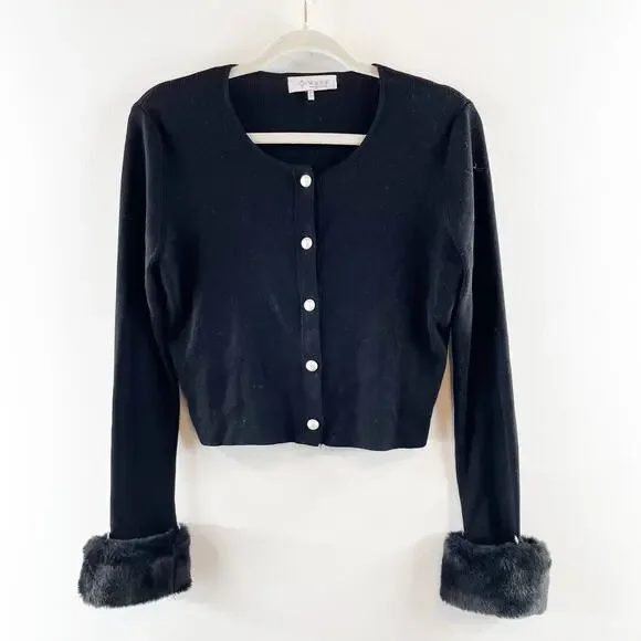 Wayf Long Sleeve Button Front Cropped Cardigan with Faux Fur Cuffs Black Medium - Picture 3 of 9